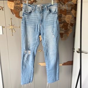 High waisted light wash wide leg slight distressed denim jeans